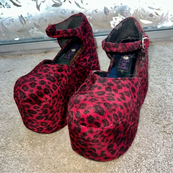 Vintage 90s Platforms-Red Leopard Velvet Morbid Threads Mary Janes 8.5 (*read) - Picture 4 of 16
